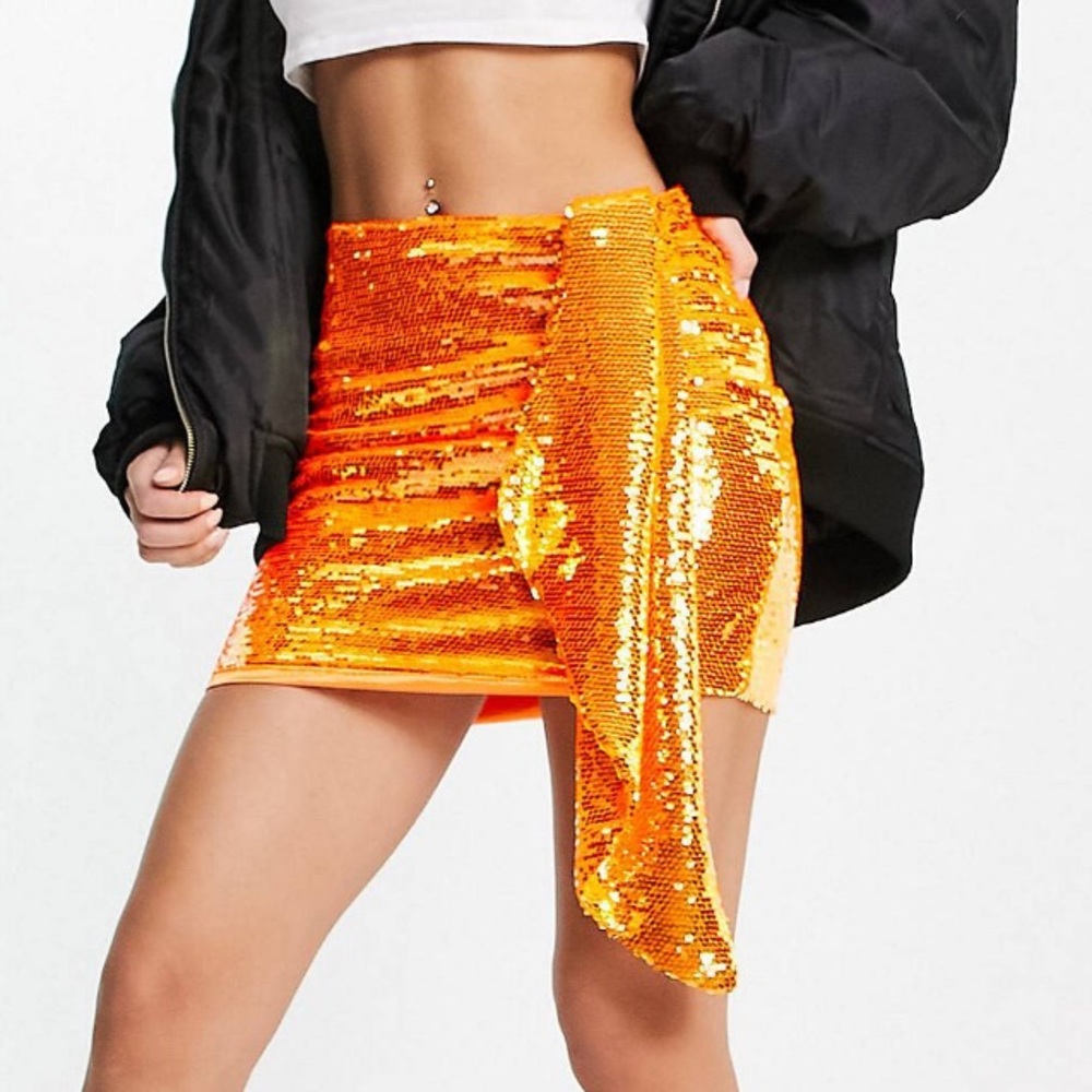 Asos Orange Sequin Embellished Sparkle Mini Skirt